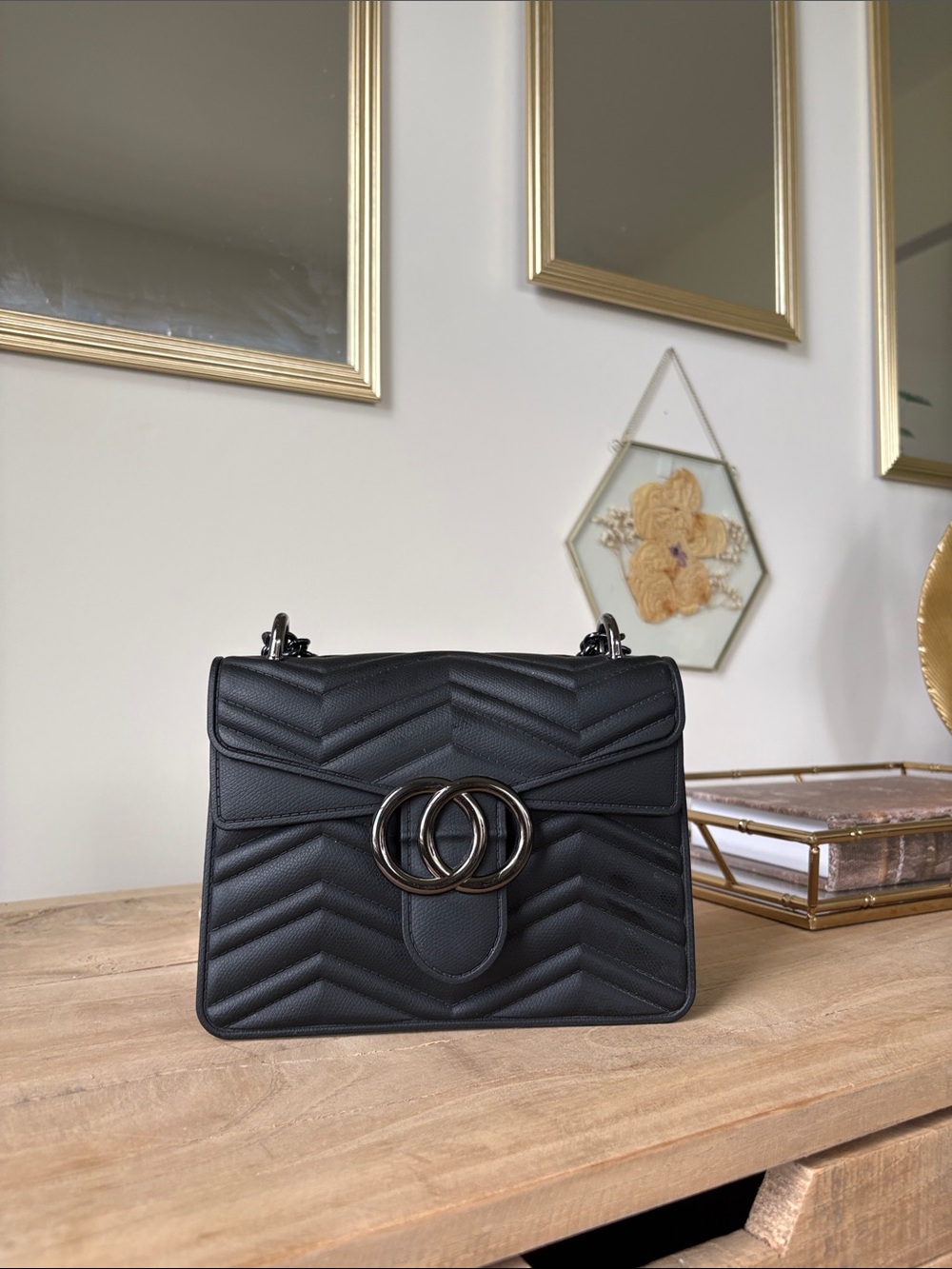 Black Quilted Crossbody Shoulder Bag with Double Ring Hardware